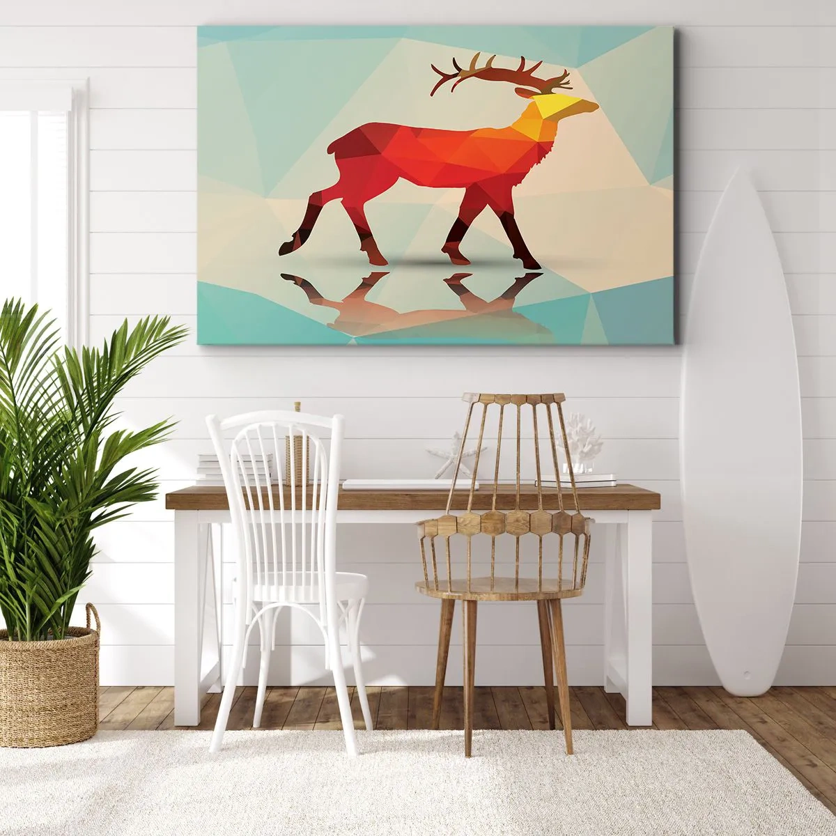 Quadro su tela - Stampe su Tela - Silhouette geometrica di un cervo nei toni del rosso e dell'arancione - 70x50cm - Il cervo geometrico - Decorazione murale moderna per soggiorno e camera da letto ARTTOR