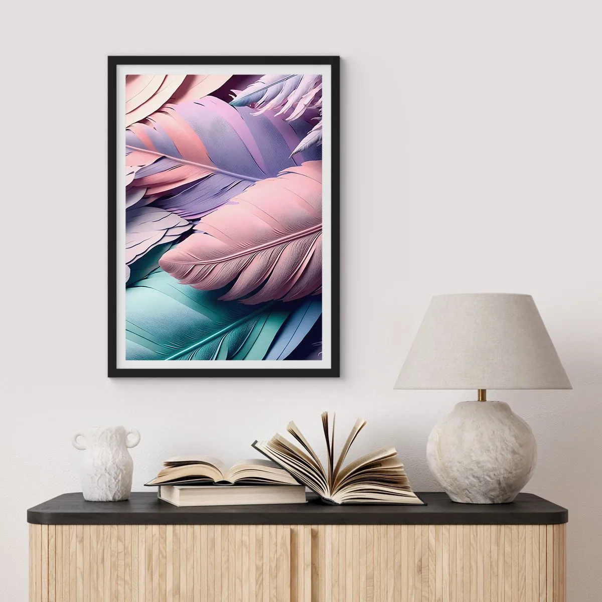 Poster in cornice nera - Piume pastello in delicate tonalità - 50x70cm - Eleganza per uccelli - Decorazione murale moderna per soggiorno e camera da letto ARTTOR