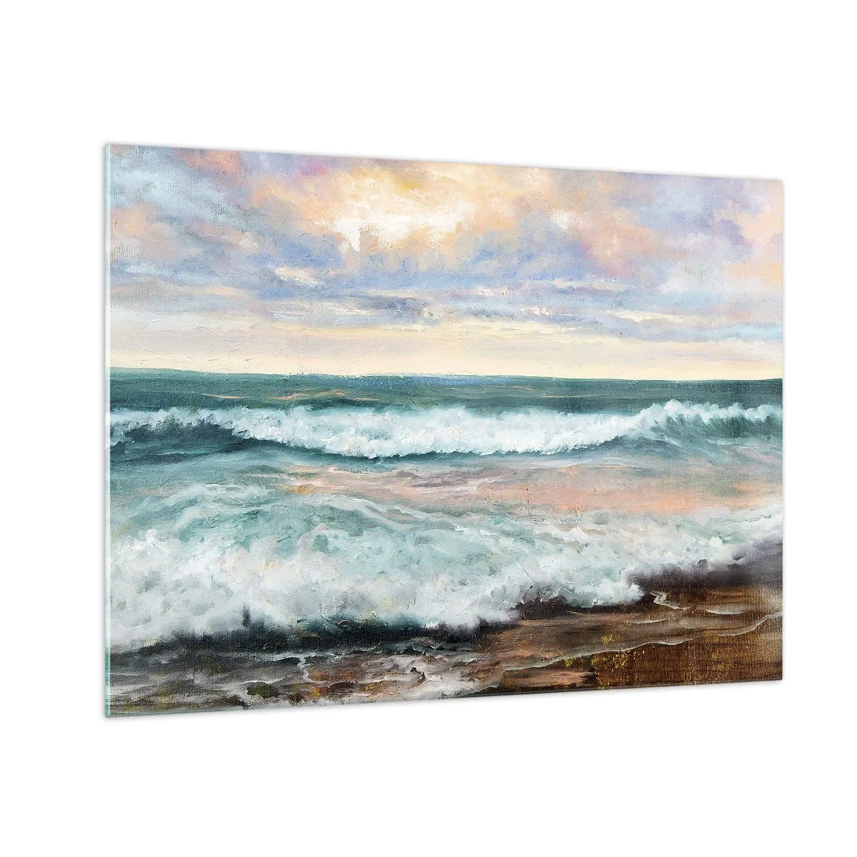 Quadro su vetro - Un dipinto raffigurante le onde che si infrangono sulla riva - 70x50cm - Dove l'anima si calma - Decorazione murale moderna per soggiorno e camera da letto ARTTOR