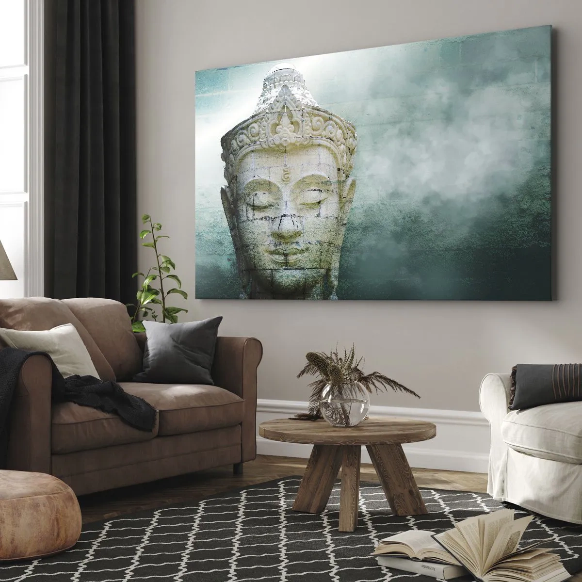 Quadro su tela - Stampe su Tela - Statua del Buddha con una leggera nebbia su uno sfondo verde - 70x50cm - Cercando la luce - Decorazione murale moderna per soggiorno e camera da letto ARTTOR