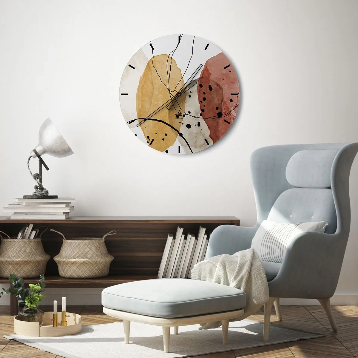 Orologio da parete - Orologio in Vetro - Forme astratte colorate con linee e punti neri - 30x30cm - Come aria leggera e trasparente - Decorazione murale moderna per soggiorno, cucina e camera da letto ARTTOR