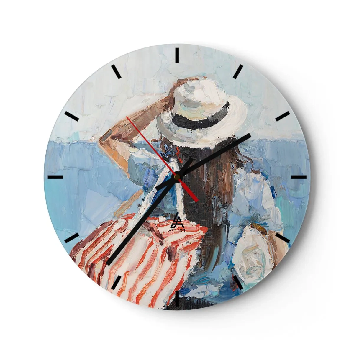 Orologio da parete - Orologio in Vetro - Un dipinto estivo di una donna con un cappello contro il mare - 30x30cm - Benvenuti in vacanza - Decorazione murale moderna per soggiorno, cucina e camera da letto ARTTOR