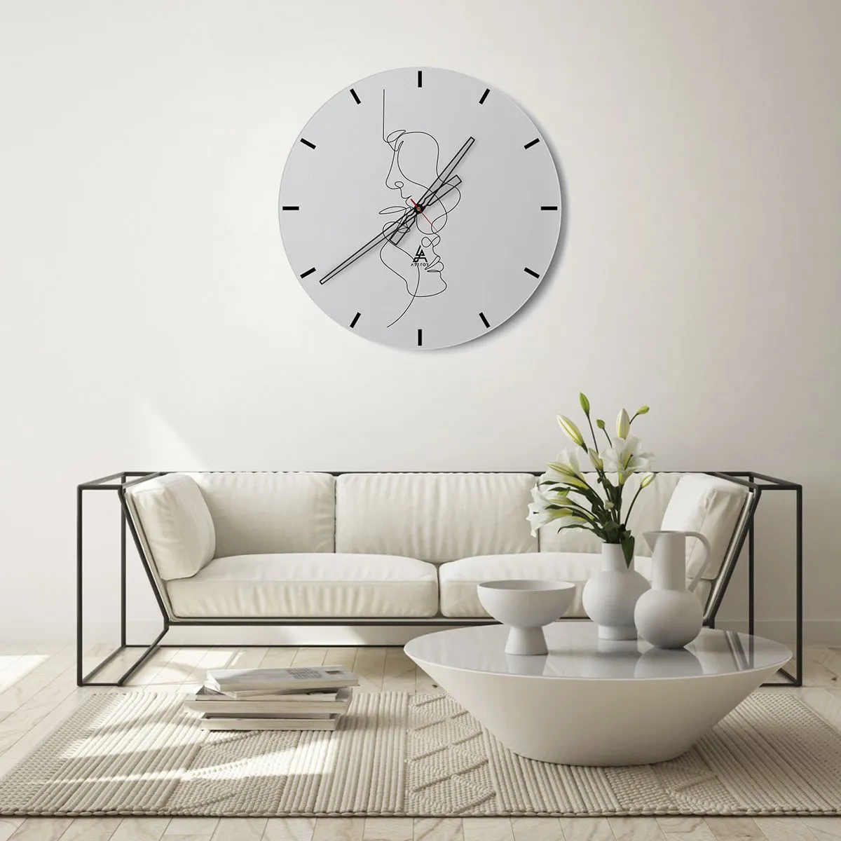 Orologio da parete - Orologio in Vetro - Contorni minimalisti del viso in linee nere su sfondo bianco - 30x30cm - Il calore dei desideri malinconici - Decorazione murale moderna per soggiorno, cucina e camera da letto ARTTOR