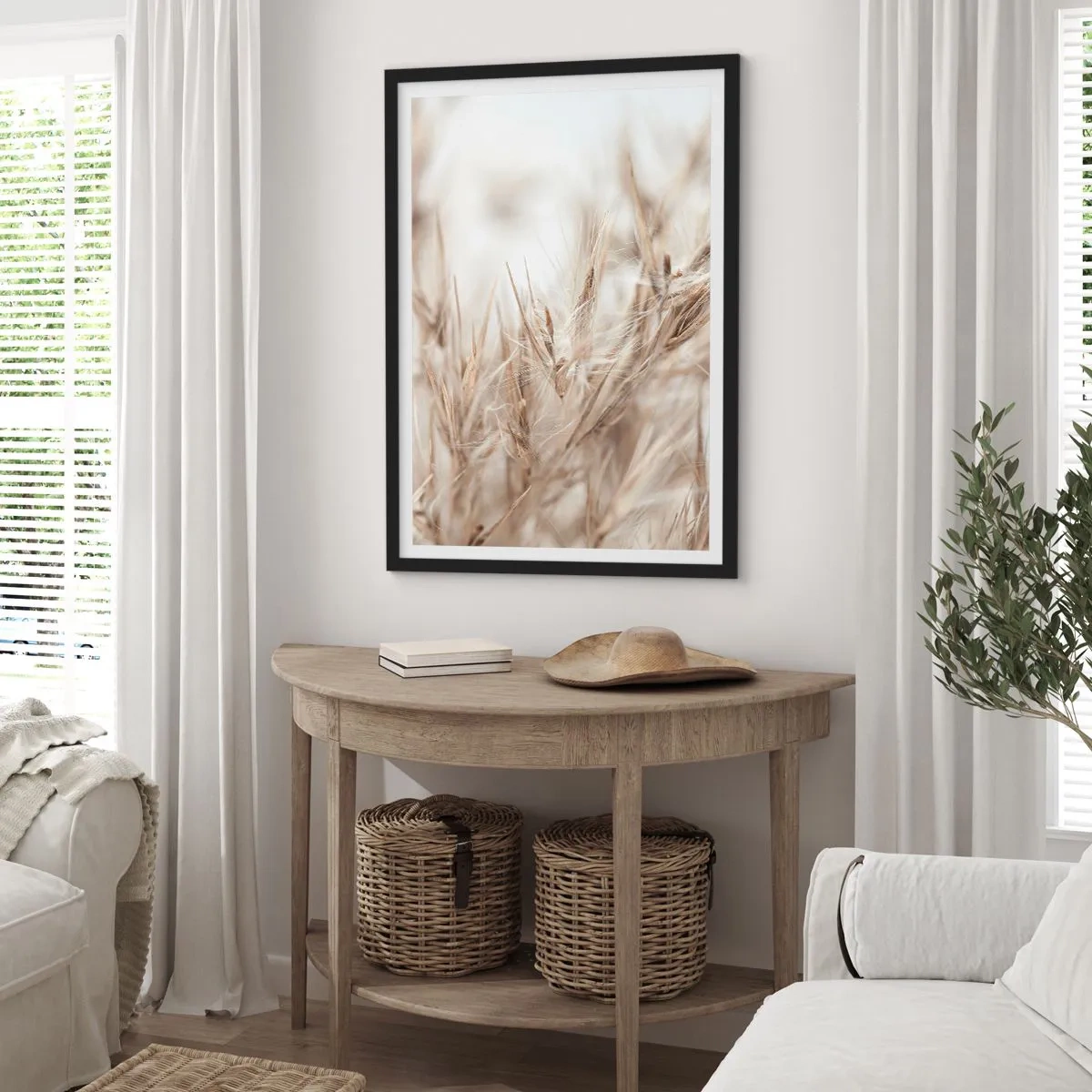 Poster in cornice nera - Delicati spuntoni d'erba color beige - 50x70cm - Prato e vento - Decorazione murale moderna per soggiorno e camera da letto ARTTOR