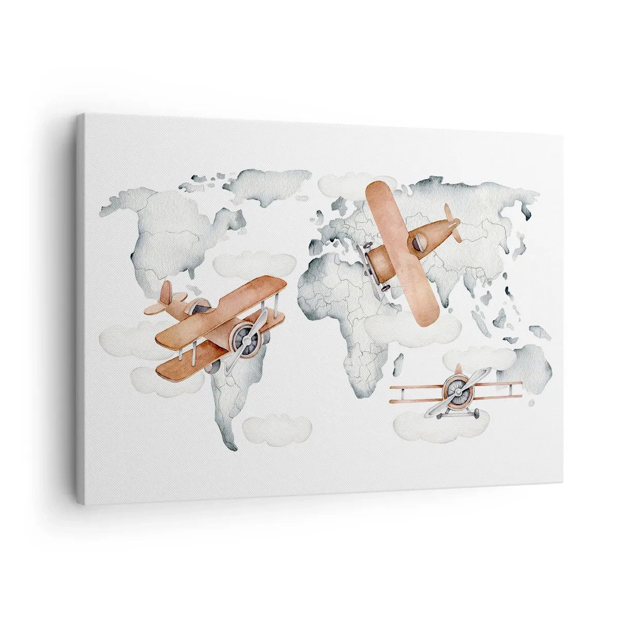 Quadro su tela - Stampe su Tela - Illustrazione di una mappa del mondo con aeroplani - 70x50cm - Nello spirito dei pionieri - Decorazione murale moderna per soggiorno e camera da letto ARTTOR