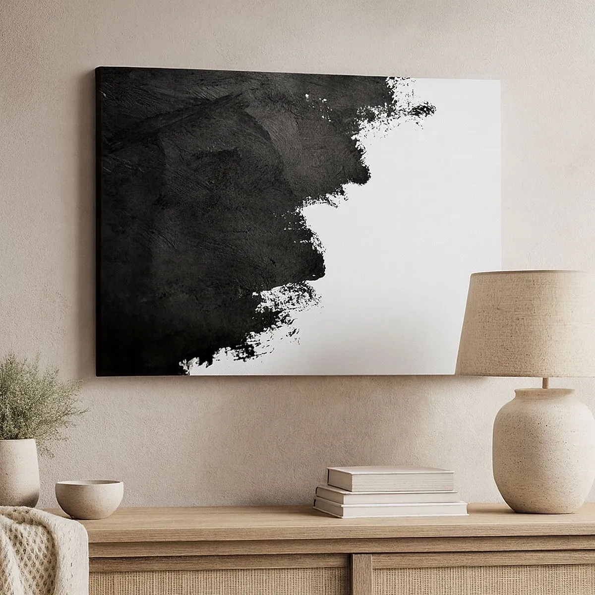 Quadro su tela - Stampe su Tela - Astrazione in bianco e nero con pennellate contrastanti - 70x50cm - Gli elementi: la terra - Decorazione murale moderna per soggiorno e camera da letto ARTTOR