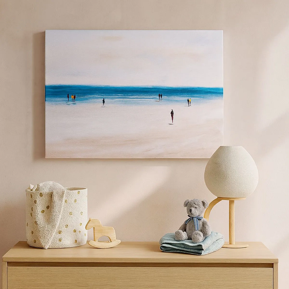 Quadro su tela - Stampe su Tela - Una spiaggia con persone sullo sfondo di un mare calmo - 70x50cm - Un bisogno naturale - Decorazione murale moderna per soggiorno e camera da letto ARTTOR