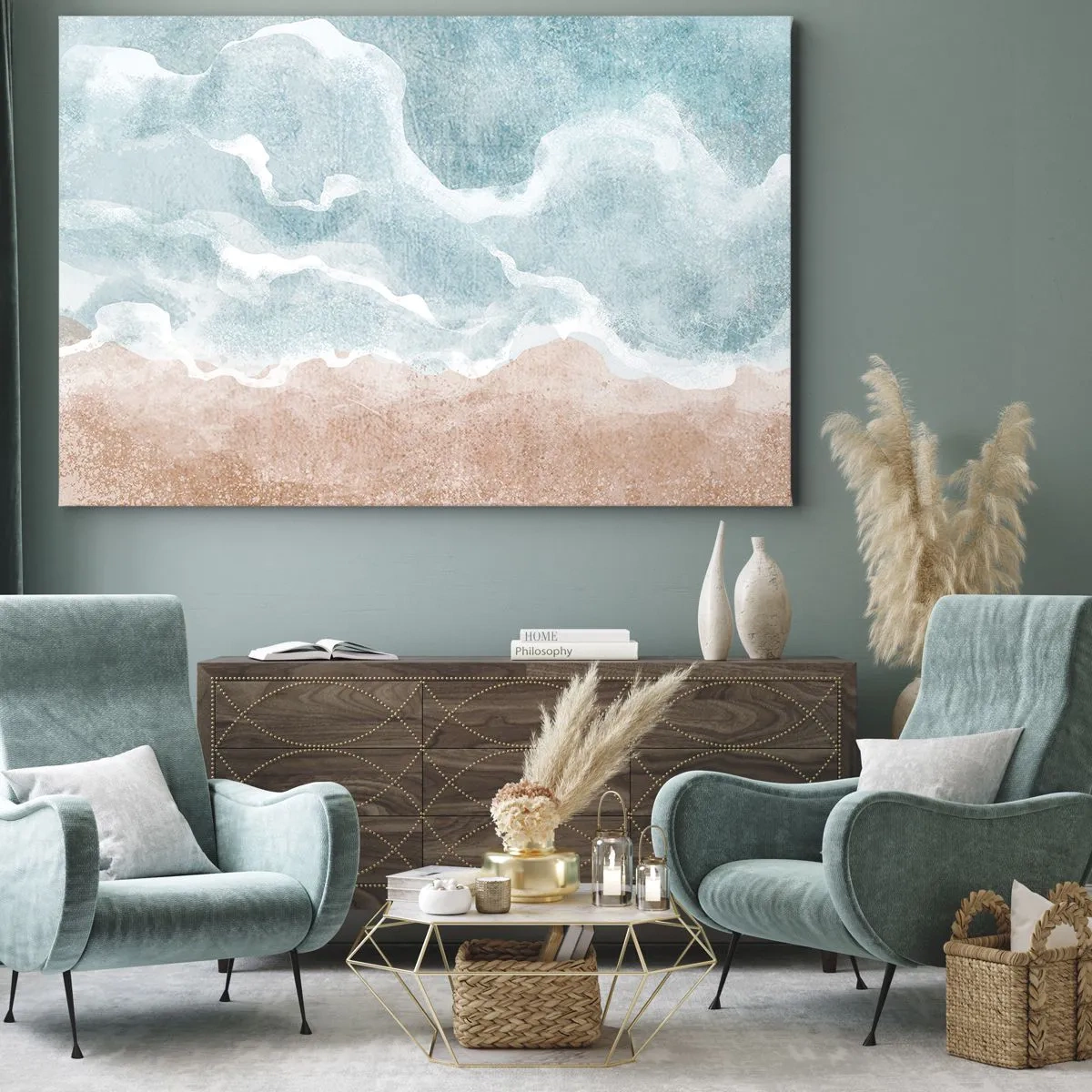 Quadro su tela - Stampe su Tela - Spiaggia astratta con onde nei toni del blu e del beige - 70x50cm - Astrazione nebulosa - Decorazione murale moderna per soggiorno e camera da letto ARTTOR