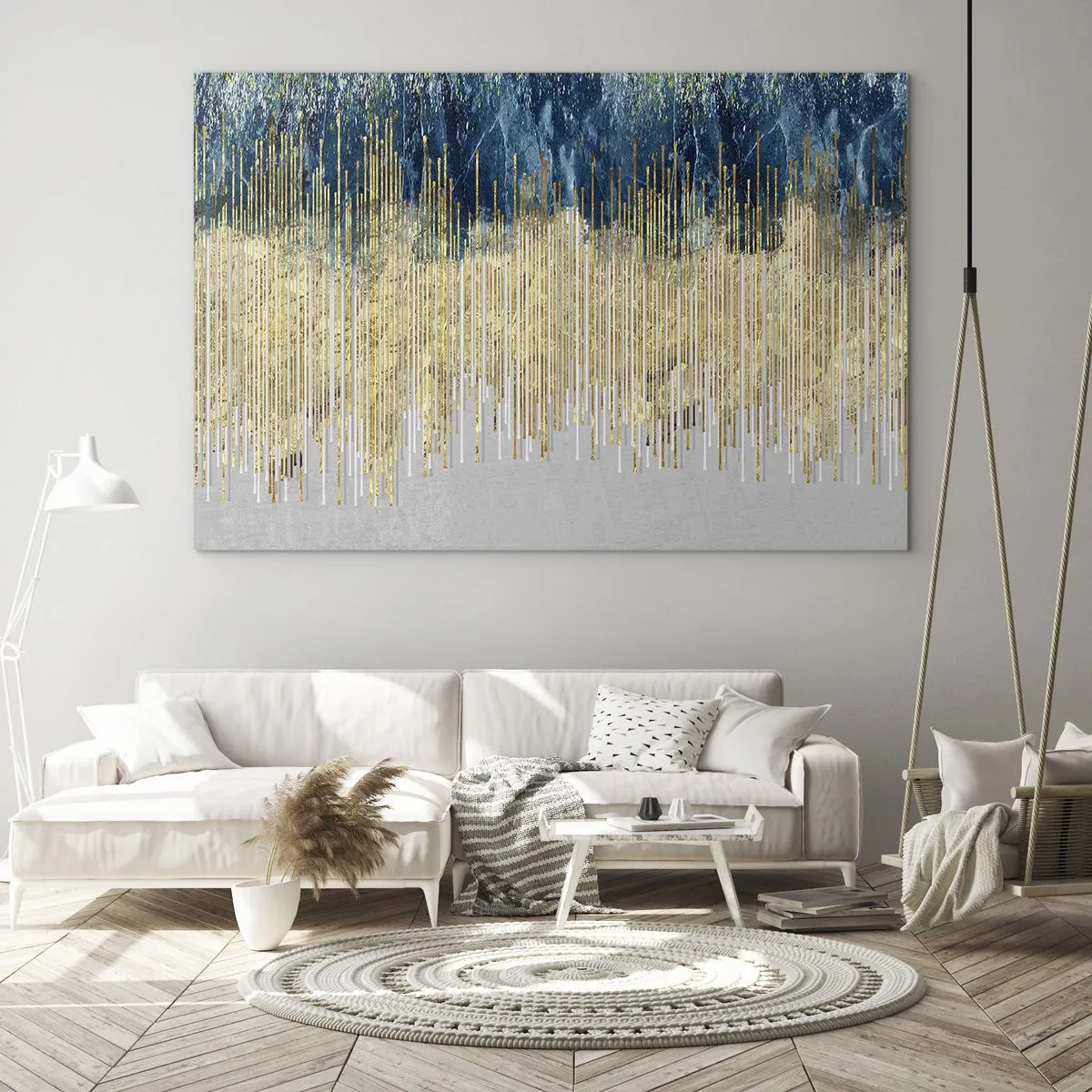 Quadro su vetro - Linee verticali dorate su uno sfondo di foresta blu scuro - 70x50cm - Confine dorato - Decorazione murale moderna per soggiorno e camera da letto ARTTOR