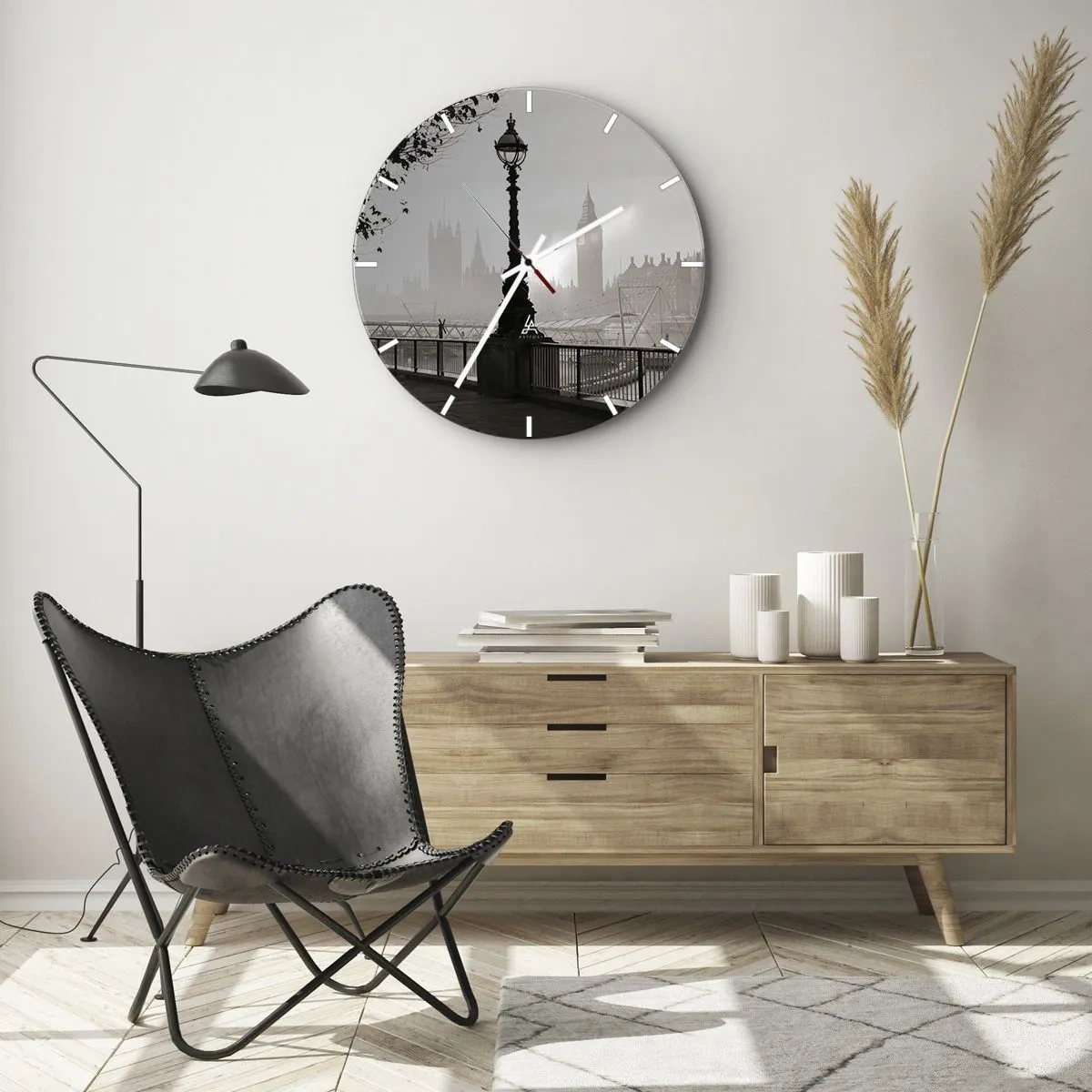 Orologio da parete - Orologio in Vetro - Un faro sul Tamigi con lo skyline di Londra sullo sfondo - 30x30cm - Un mattino a Londra - Decorazione murale moderna per soggiorno, cucina e camera da letto ARTTOR