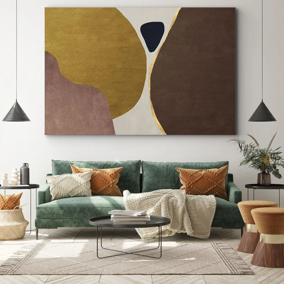 Quadro su tela - Stampe su Tela - Una composizione astratta con forme geometriche dai colori caldi. - 70x50cm - Astrazione: un luogo nello spazio - Decorazione murale moderna per soggiorno e camera da letto ARTTOR