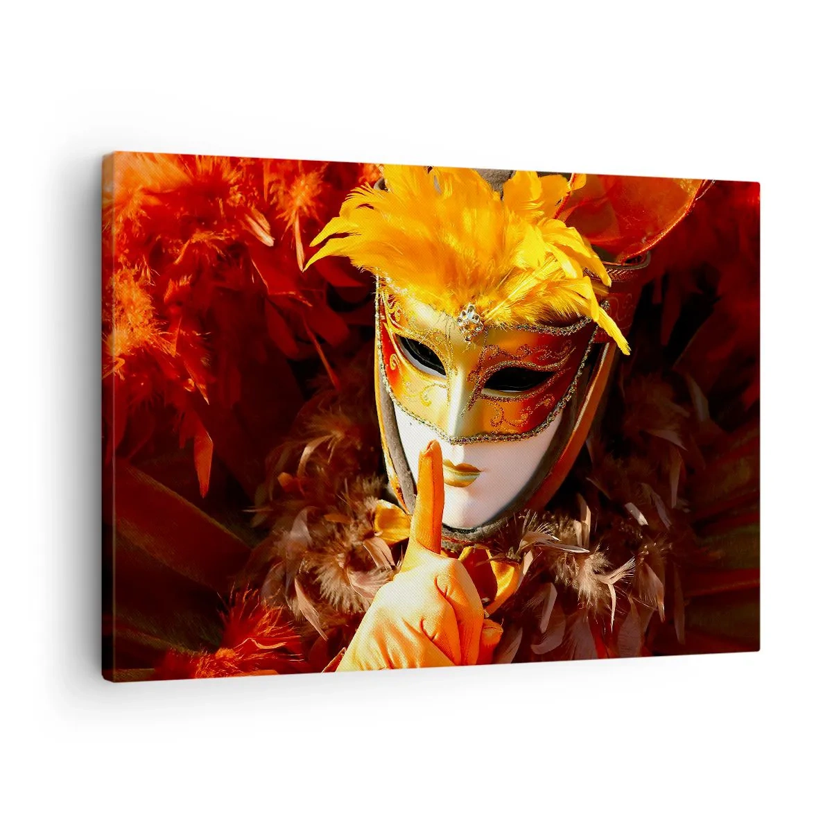 Quadro su tela - Stampe su Tela - Maschera di Carnevale nei toni dell'oro e dell'arancione - 70x50cm - Il mistero è parte del gioco - Decorazione murale moderna per soggiorno e camera da letto ARTTOR