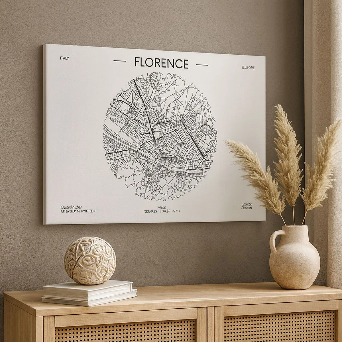 Quadro su tela - Stampe su Tela - Una mappa di Firenze in stile minimalista in bianco e nero - 70x50cm - Anatomia di Firenze - Decorazione murale moderna per soggiorno e camera da letto ARTTOR