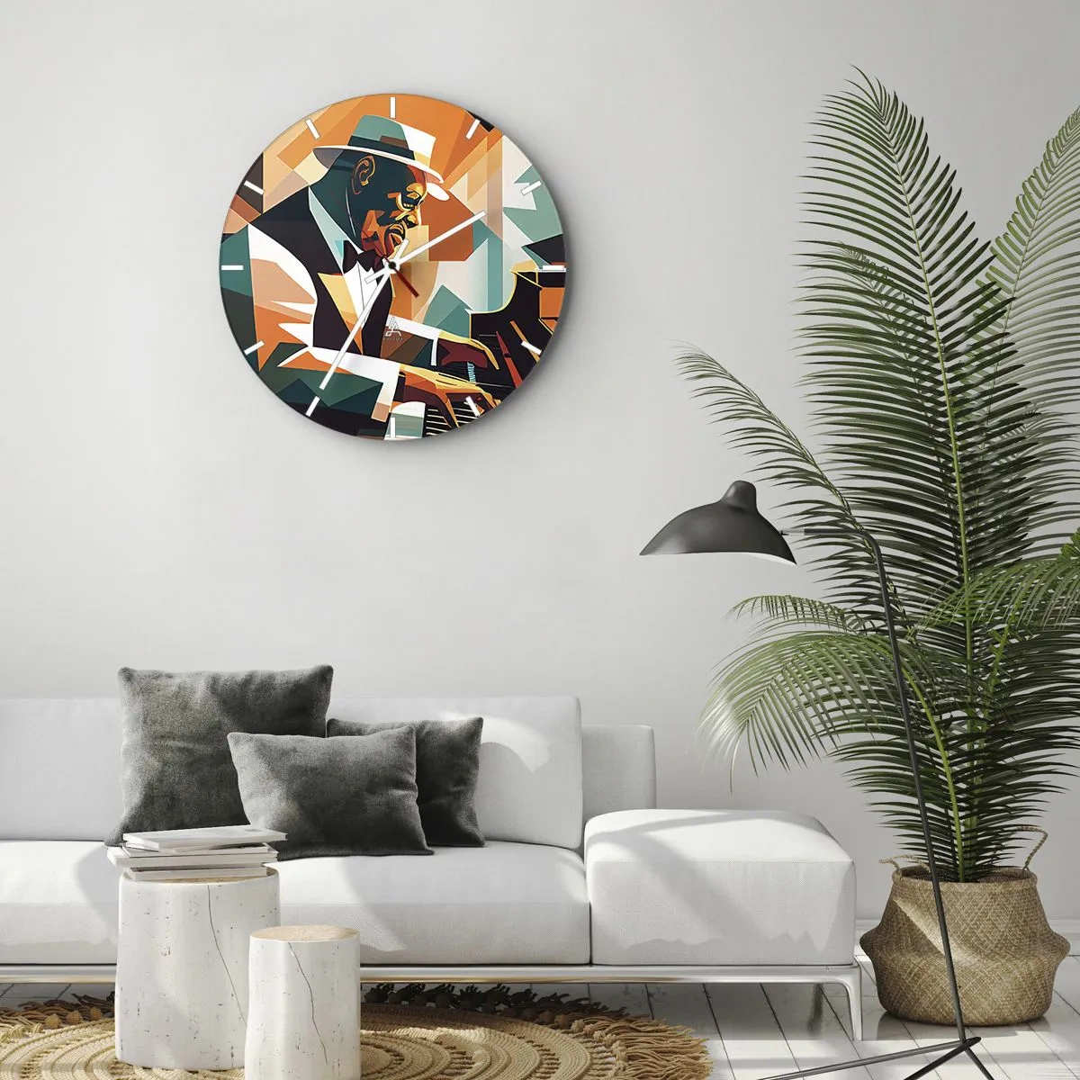 Orologio da parete - Orologio in Vetro - Musicista jazz al pianoforte in stile geometrico - 30x30cm - Tutto il jazz - Decorazione murale moderna per soggiorno, cucina e camera da letto ARTTOR