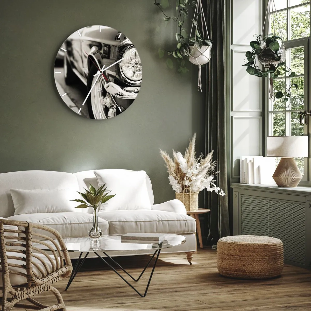 Orologio da parete - Orologio in Vetro - Primo piano del faro di un'auto d'epoca - 30x30cm - Bellezza intramontabile - Decorazione murale moderna per soggiorno, cucina e camera da letto ARTTOR