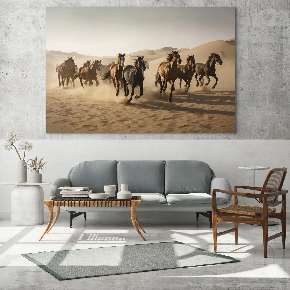 Quadro su vetro - Una mandria di cavalli al galoppo nel deserto tra le dune di sabbia - 70x50cm - Liberi come il vento - Decorazione murale moderna per soggiorno e camera da letto ARTTOR