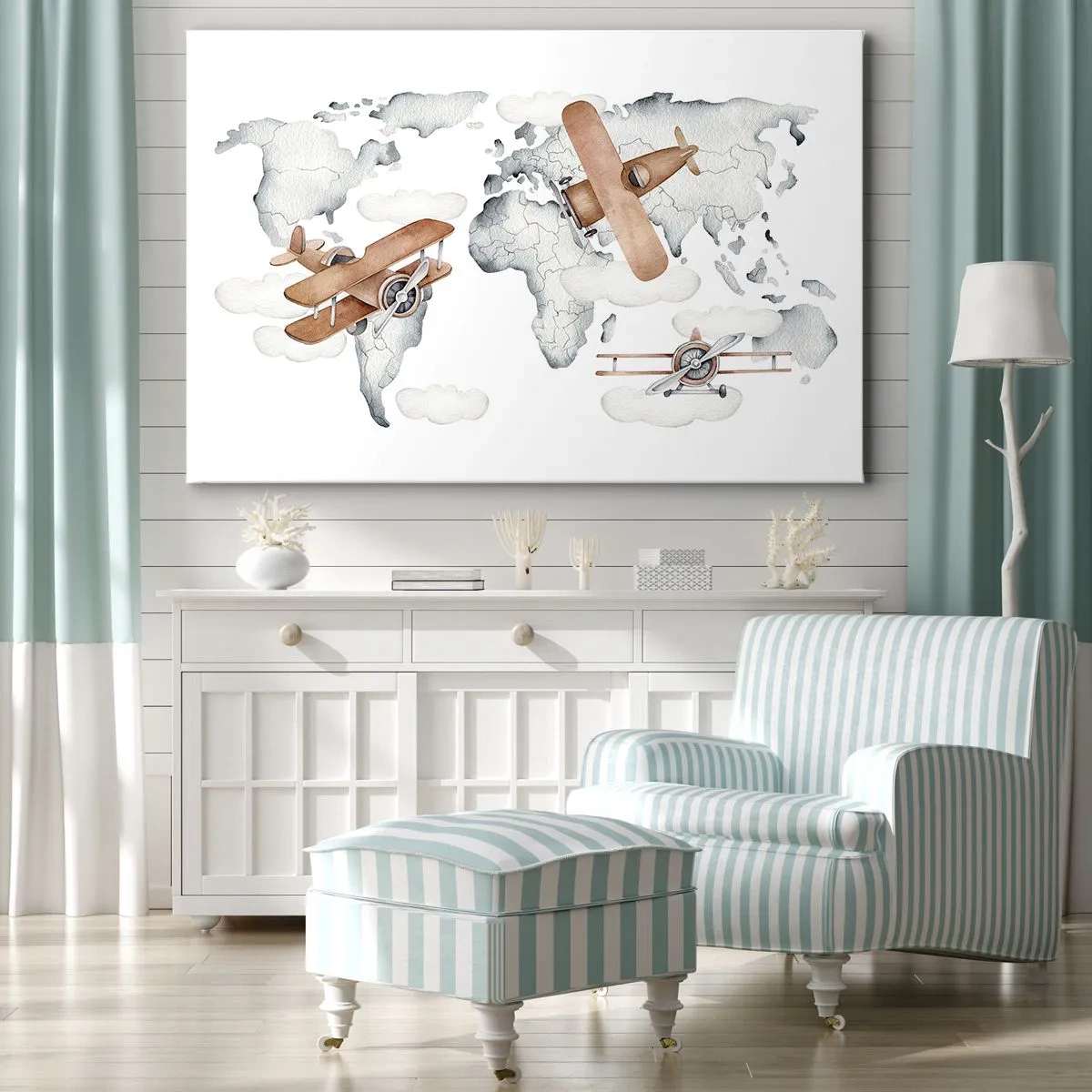 Quadro su tela - Stampe su Tela - Illustrazione di una mappa del mondo con aeroplani - 70x50cm - Nello spirito dei pionieri - Decorazione murale moderna per soggiorno e camera da letto ARTTOR