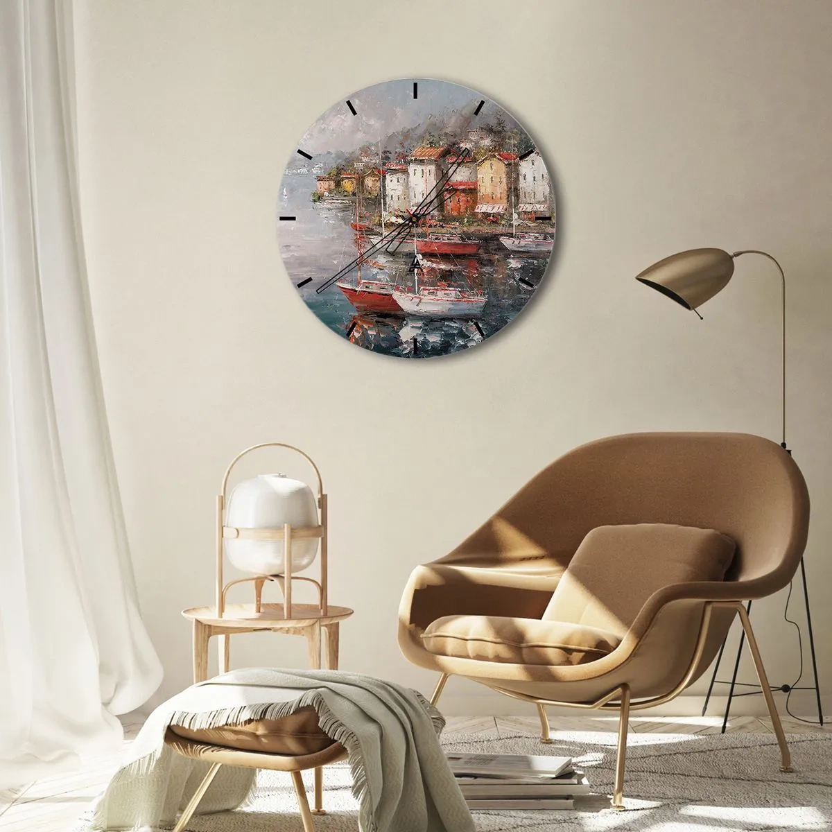 Orologio da parete - Orologio in Vetro - Un porto pittoresco con barche a vela ed edifici costieri - 30x30cm - Molo romantico - Decorazione murale moderna per soggiorno, cucina e camera da letto ARTTOR