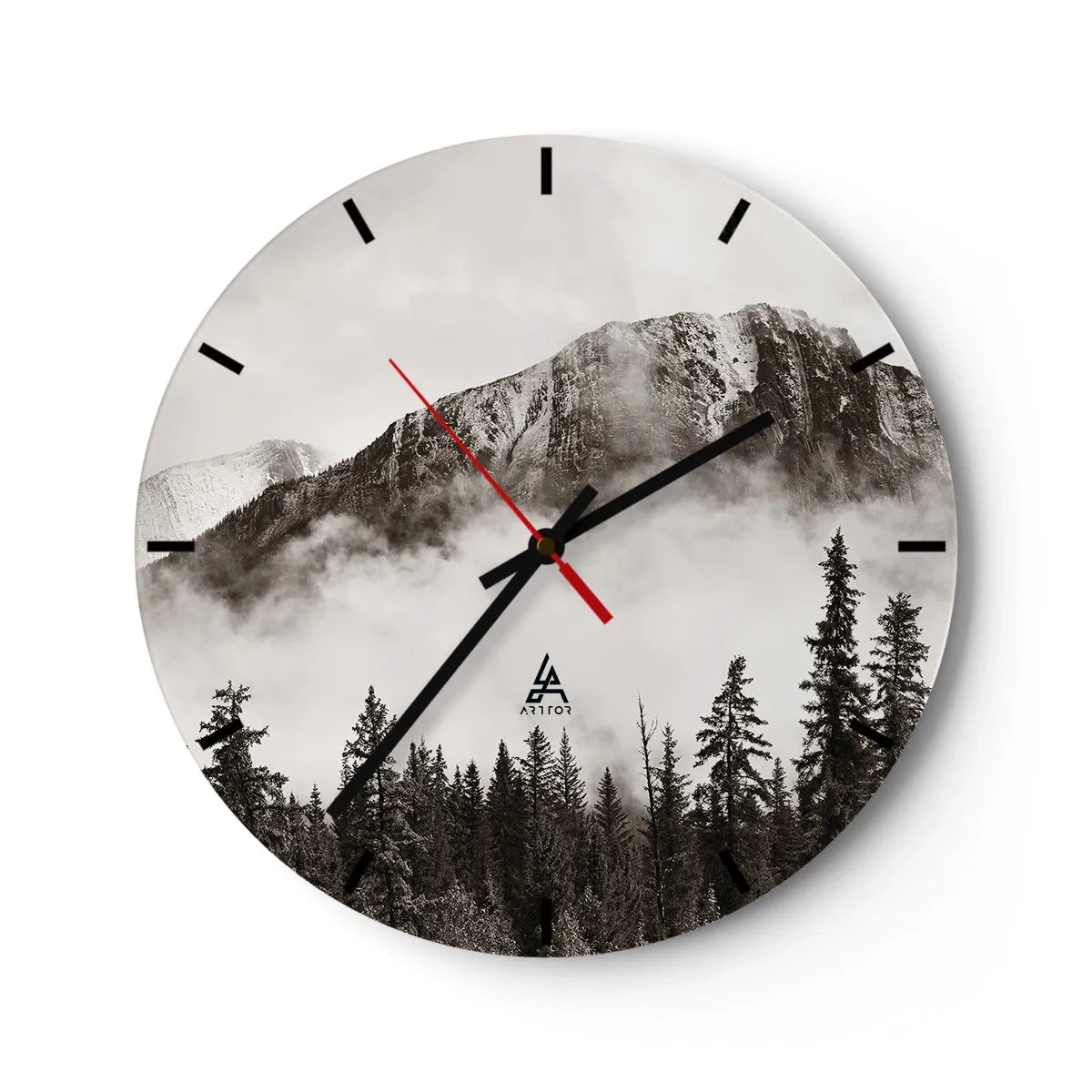 Orologio da parete - Orologio in Vetro - Paesaggio montano con foresta in un'atmosfera nebbiosa - 30x30cm - Il sovrano di granito - Decorazione murale moderna per soggiorno, cucina e camera da letto ARTTOR