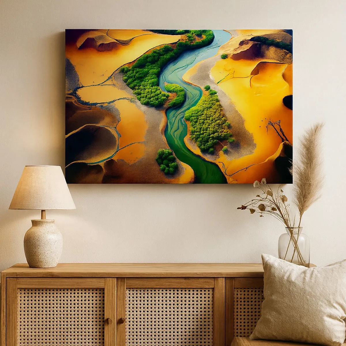 Quadro su tela - Stampe su Tela - Un fiume verde circondato da sabbie dorate e vegetazione - 70x50cm - Il fiume della vita - Decorazione murale moderna per soggiorno e camera da letto ARTTOR