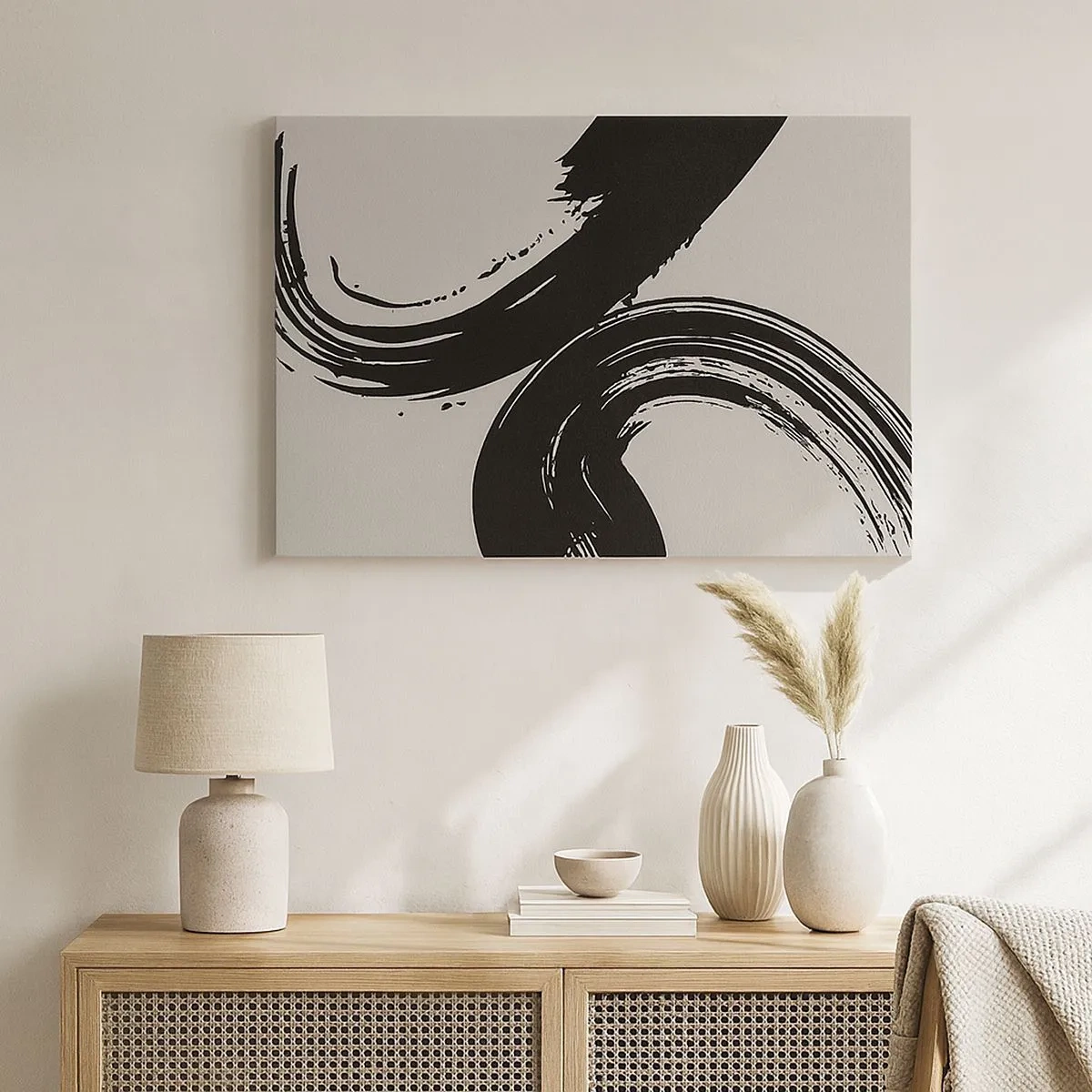 Quadro su tela - Stampe su Tela - Pennellate dinamiche in nero su sfondo chiaro - 70x50cm - Energico e circolare - Decorazione murale moderna per soggiorno e camera da letto ARTTOR