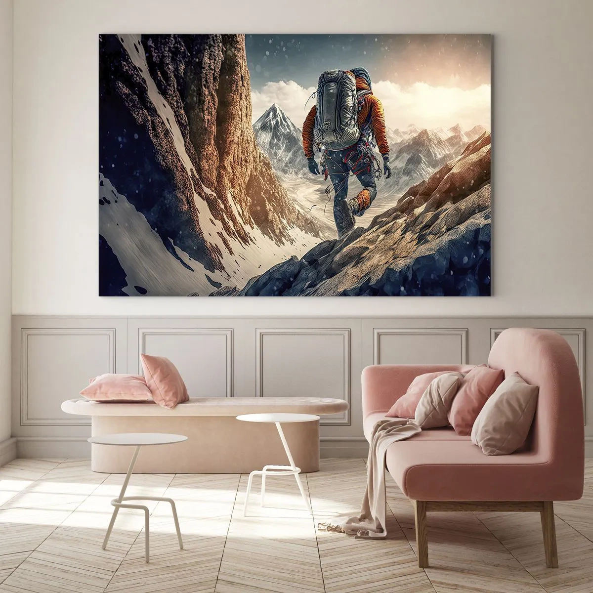Quadro su vetro - Un escursionista che scala un pendio roccioso e innevato - 70x50cm - Guerriero solitario - Decorazione murale moderna per soggiorno e camera da letto ARTTOR