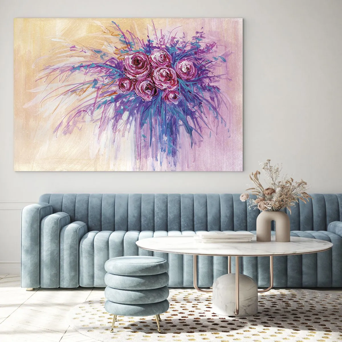 Quadro su vetro - Un bouquet di rose nei toni del rosa e del viola su uno sfondo pastello - 70x50cm - Fontana rosa - Decorazione murale moderna per soggiorno e camera da letto ARTTOR