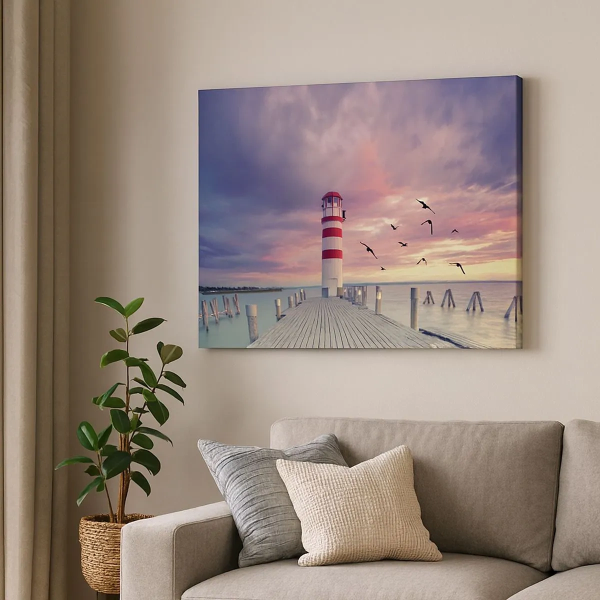 Quadro su tela - Stampe su Tela - Un faro sul molo circondato da un pittoresco tramonto - 70x50cm - Tempo di tornare in porto - Decorazione murale moderna per soggiorno e camera da letto ARTTOR