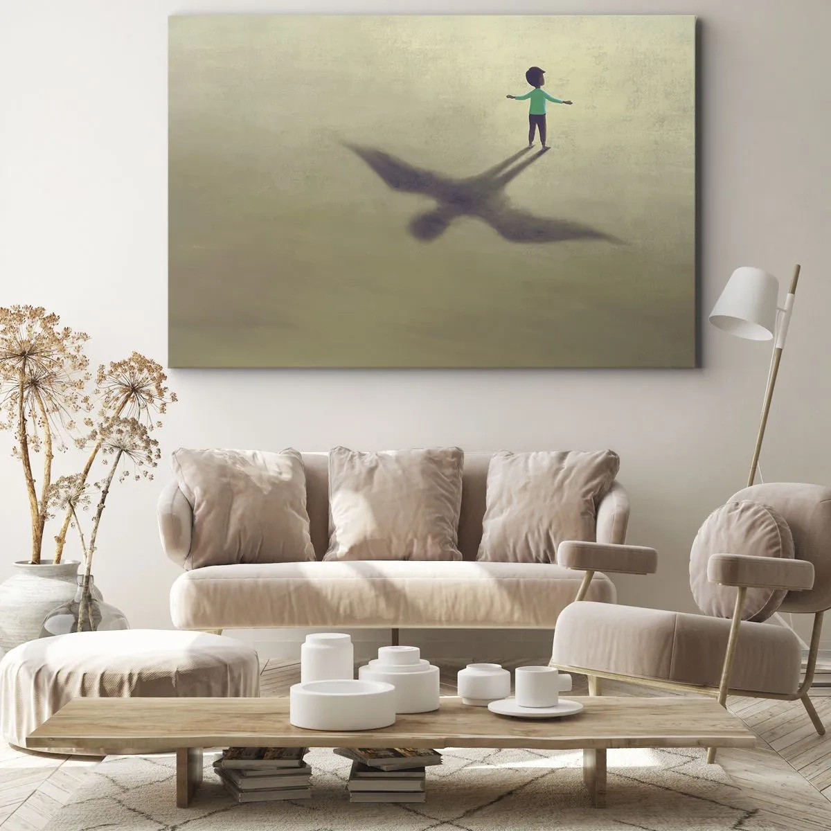 Quadro su tela - Stampe su Tela - Una figura simbolica di un bambino con l'ombra di un uccello su uno sfondo dalle tonalità calde. - 70x50cm - Eroe del futuro - Decorazione murale moderna per soggiorno e camera da letto ARTTOR