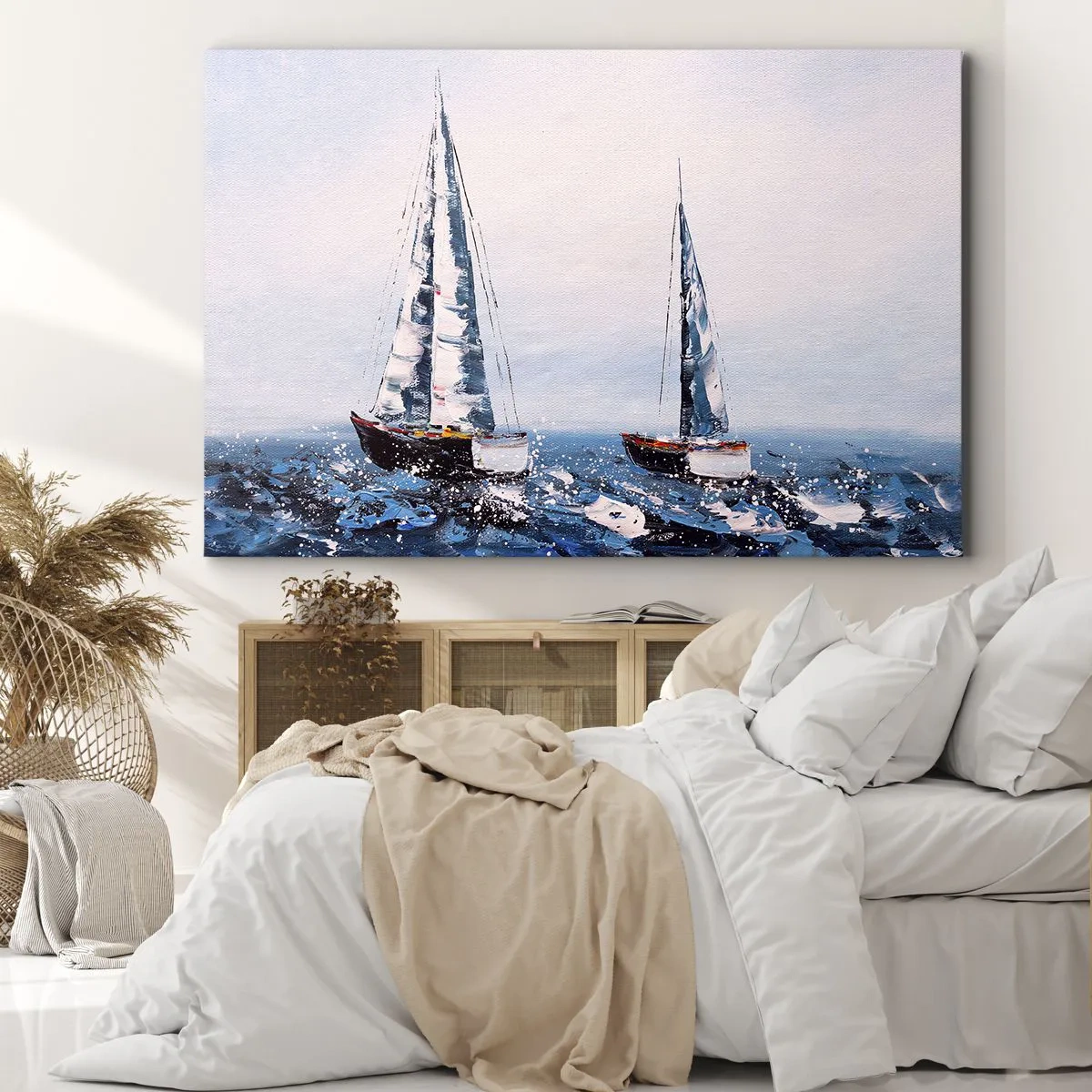Quadro su tela - Stampe su Tela - Barche a vela su un mare in tempesta in una composizione pittorica - 70x50cm - Fratellanza nel vento - Decorazione murale moderna per soggiorno e camera da letto ARTTOR
