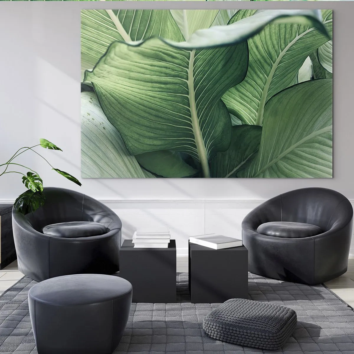 Quadro su vetro - Foglie verdi lussureggianti in primo piano e con luce naturale - 70x50cm - Una vita intensamente verde - Decorazione murale moderna per soggiorno e camera da letto ARTTOR