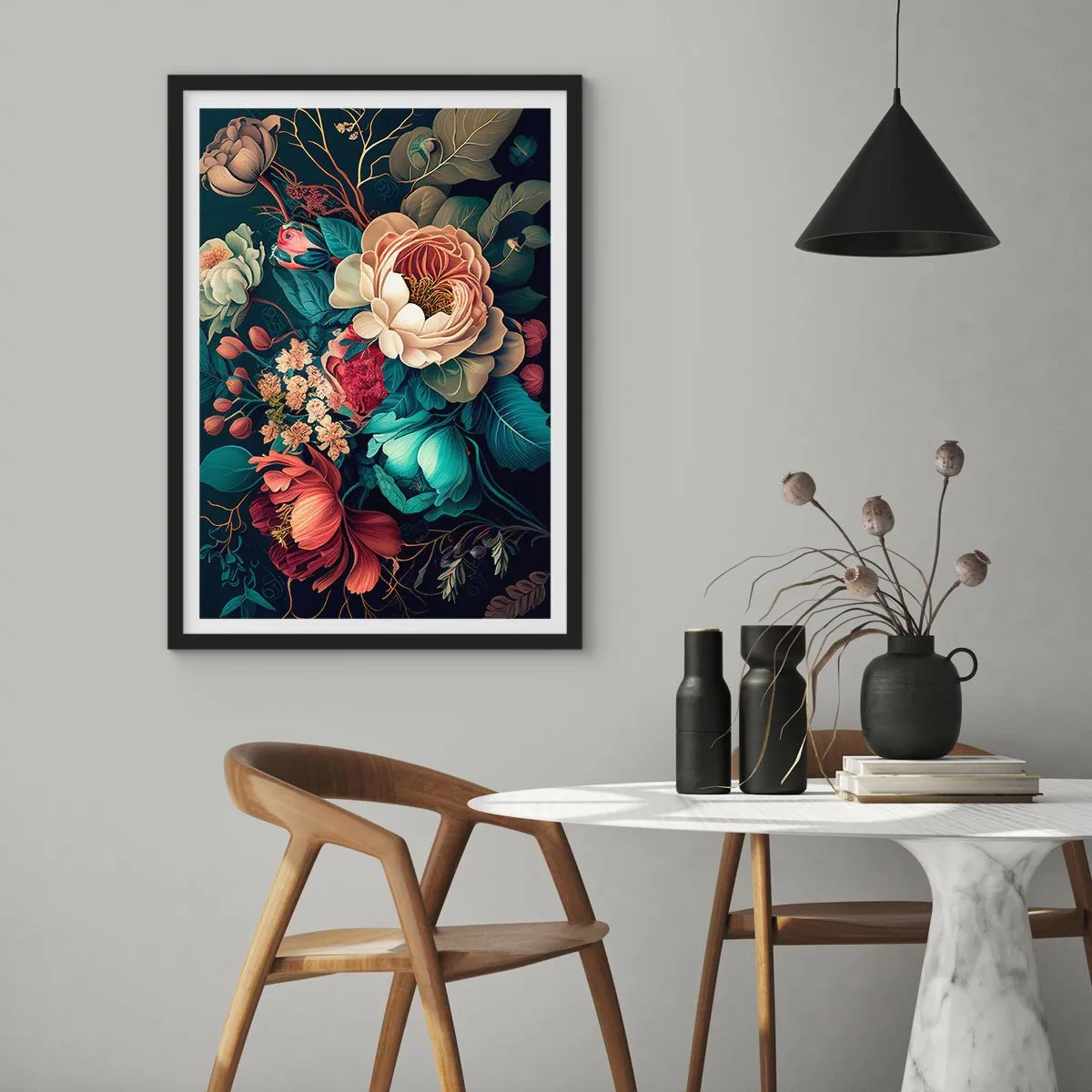 Poster in cornice nera - Un mazzo di fiori in stile barocco su uno sfondo scuro - 50x70cm - Il fascino del 19esimo secolo - Decorazione murale moderna per soggiorno e camera da letto ARTTOR