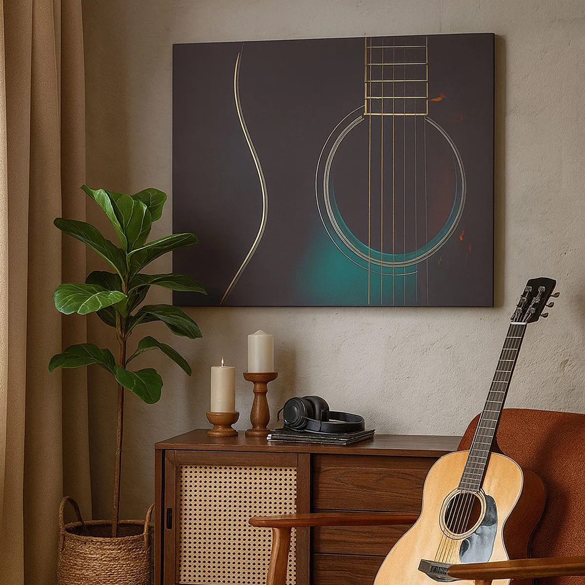 Quadro su tela - Stampe su Tela - Chitarra acustica in una luce scura ed elegante - 70x50cm - L'attimo prima del suono - Decorazione murale moderna per soggiorno e camera da letto ARTTOR