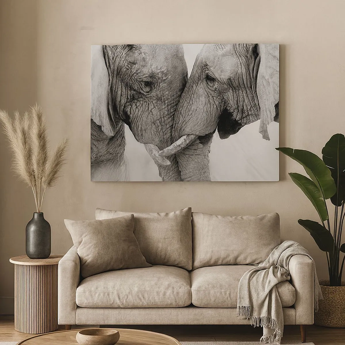 Quadro su tela - Stampe su Tela - Due elefanti in un gesto tenero su uno sfondo monocromo - 70x50cm - Dichiarazione sincera - Decorazione murale moderna per soggiorno e camera da letto ARTTOR