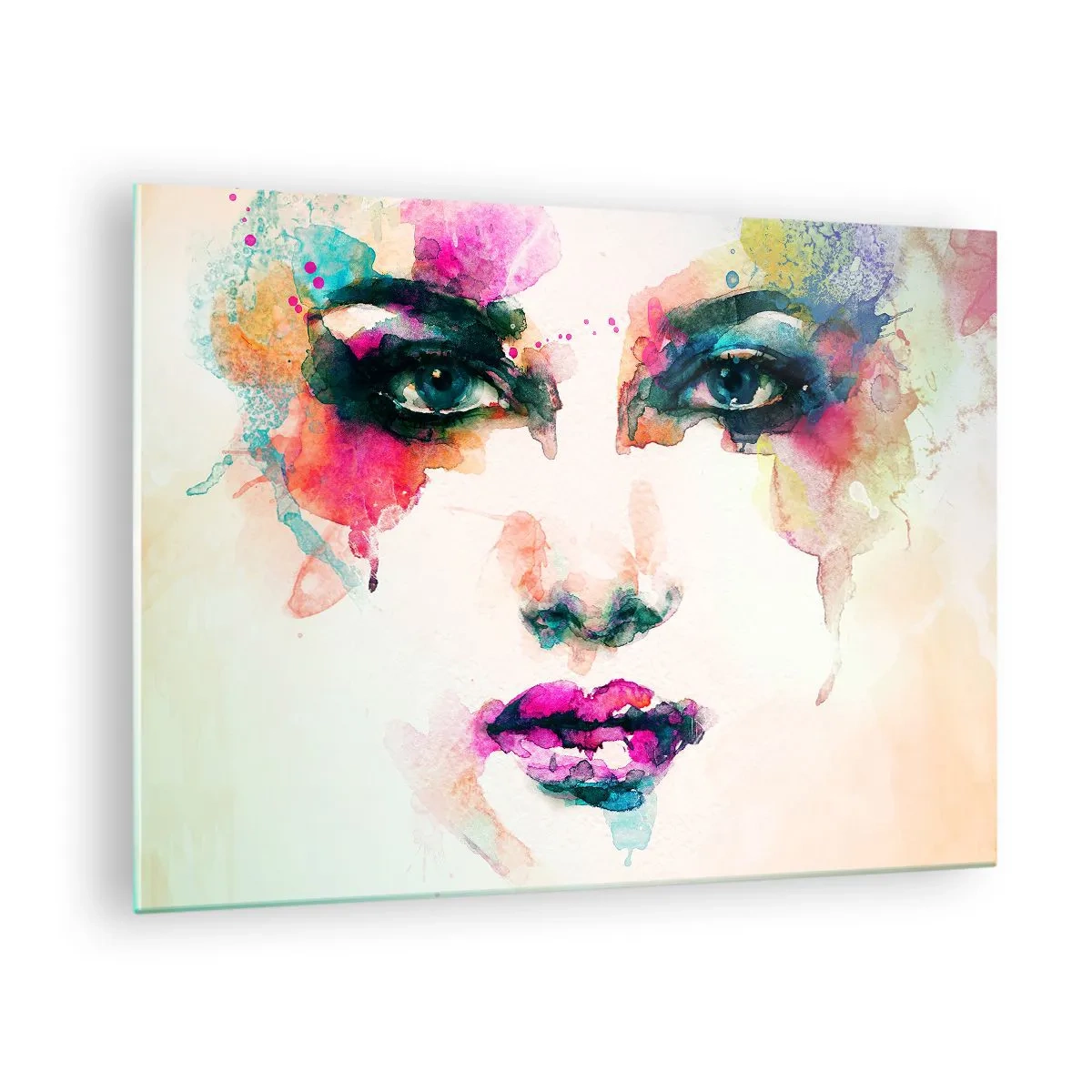 Quadro su vetro - Ritratto di una donna con colori e dettagli acquerellati - 70x50cm - Un ritratto dipinto dall'arcobaleno - Decorazione murale moderna per soggiorno e camera da letto ARTTOR