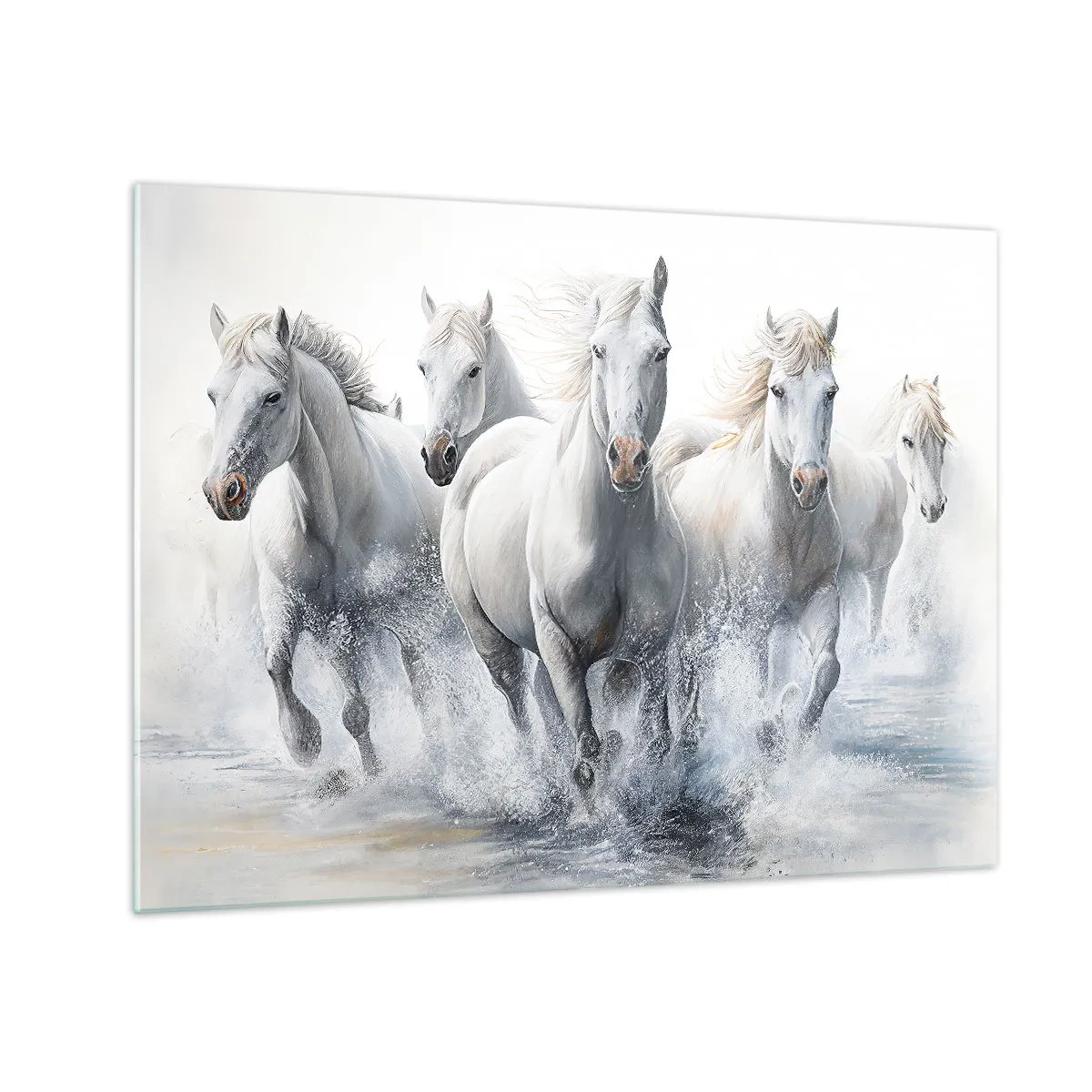 Quadro su vetro - Cavalli bianchi che galoppano nell'acqua in una composizione dinamica - 70x50cm - Magia bianca - Decorazione murale moderna per soggiorno e camera da letto ARTTOR