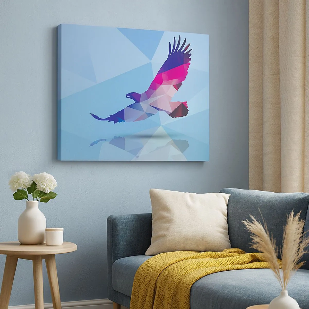 Quadro su tela - Stampe su Tela - Silhouette geometrica di un'aquila in volo su sfondo blu - 70x50cm - L'aquila nel cristallo lilla - Decorazione murale moderna per soggiorno e camera da letto ARTTOR