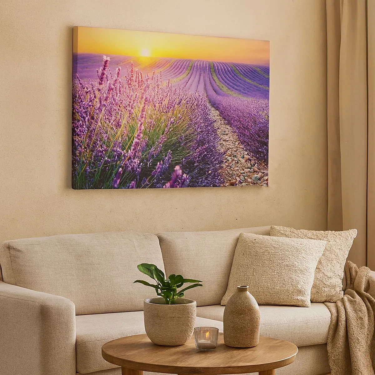 Quadro su tela - Stampe su Tela - Campo di lavanda al tramonto - 70x50cm - Campo profumato - Decorazione murale moderna per soggiorno e camera da letto ARTTOR