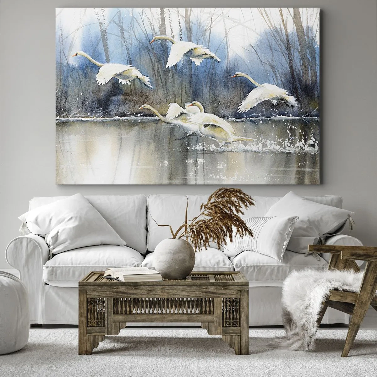 Quadro su tela - Stampe su Tela - Cigni in volo sopra un lago ghiacciato in un paesaggio invernale - 70x50cm - Come la favola dei cigni selvatici - Decorazione murale moderna per soggiorno e camera da letto ARTTOR