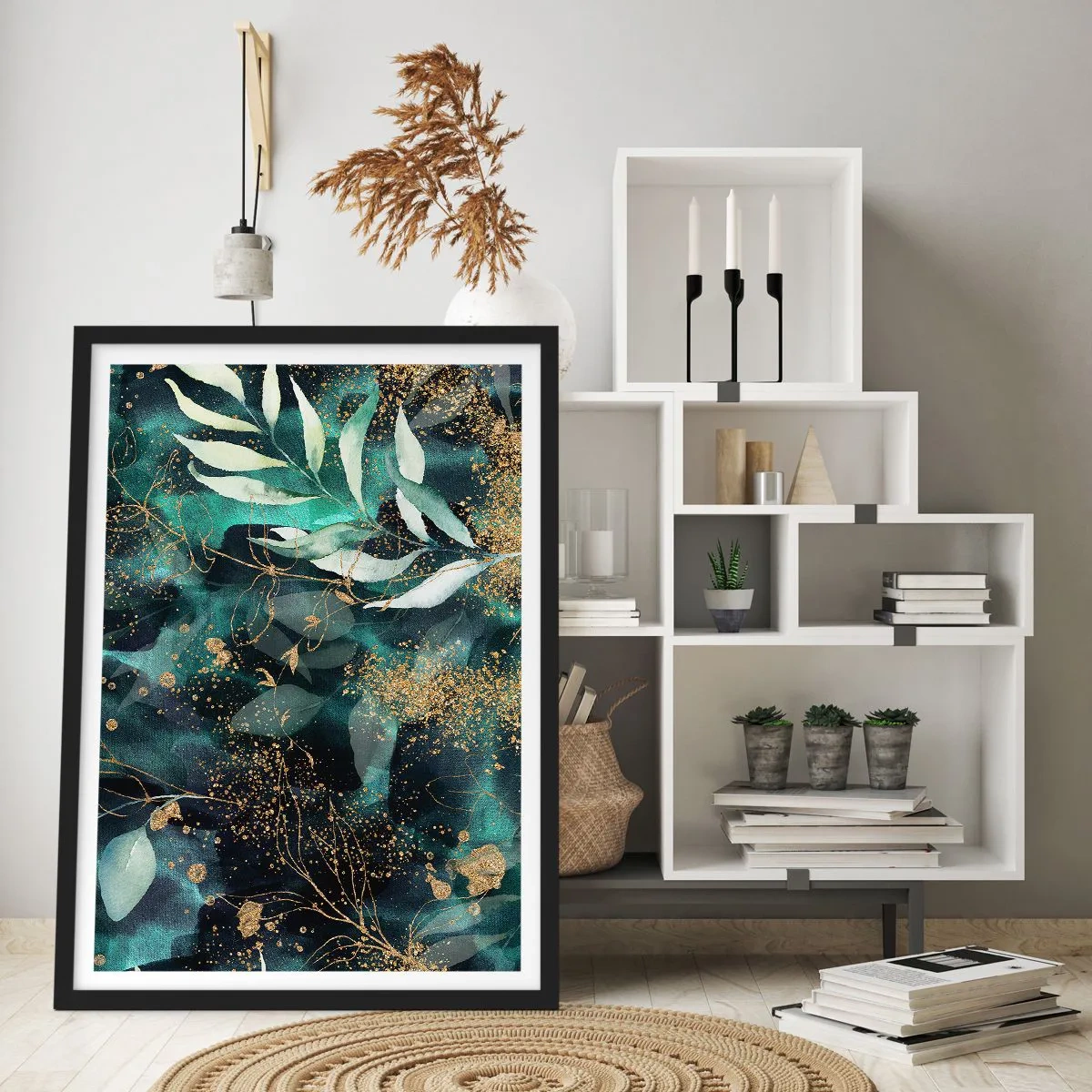 Poster in cornice nera - Foglie verdi e accenti dorati su uno sfondo scuro - 50x70cm - Il giardino incantato - Decorazione murale moderna per soggiorno e camera da letto ARTTOR