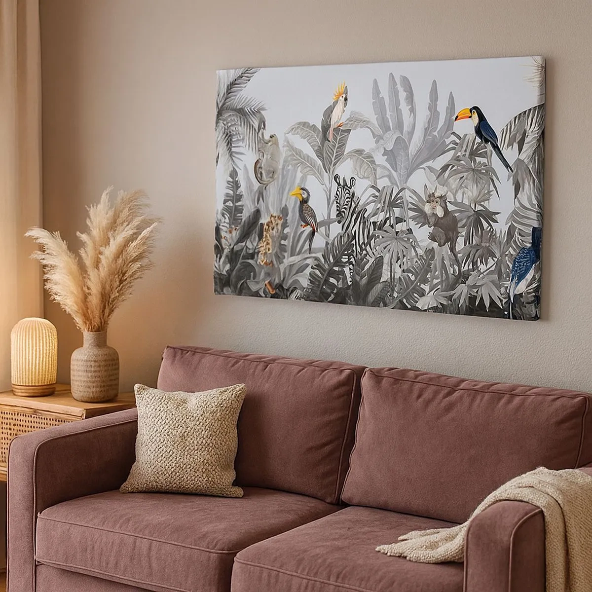 Quadro su tela - Stampe su Tela - Giungla tropicale con animali esotici su sfondo grigio - 70x50cm - Favola africana - Decorazione murale moderna per soggiorno e camera da letto ARTTOR