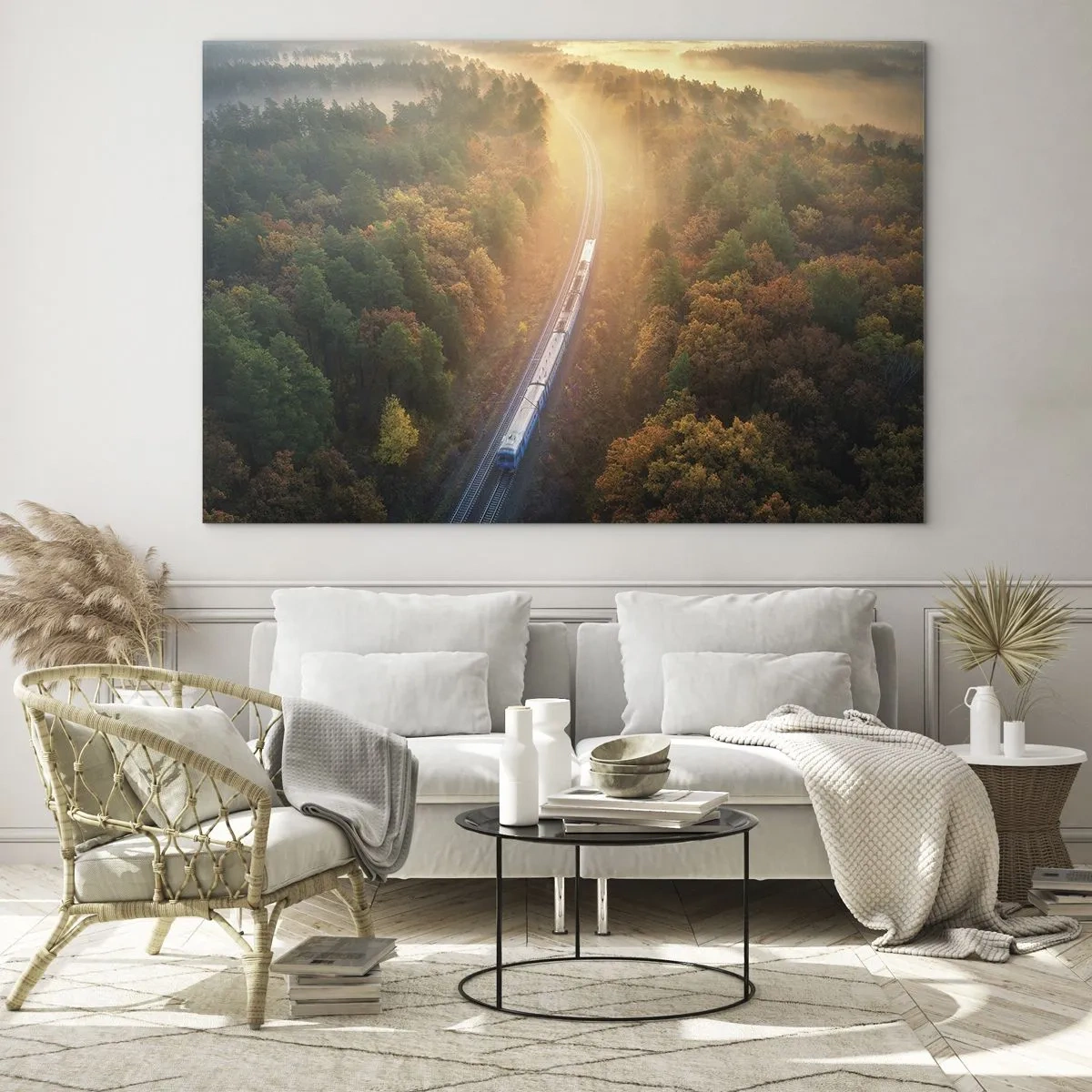 Quadro su vetro - Un treno in un pittoresco scenario autunnale, pieno di calore e nostalgia - 70x50cm - Viaggio autunnale - Decorazione murale moderna per soggiorno e camera da letto ARTTOR