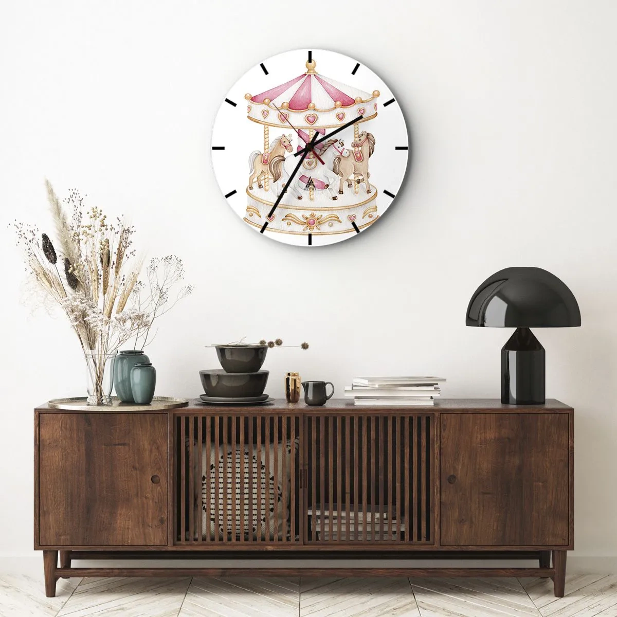 Orologio da parete - Orologio in Vetro - Giostra rosa e crema con cavalli su sfondo bianco - 30x30cm - Il dolce mondo dell'infanzia - Decorazione murale moderna per soggiorno, cucina e camera da letto ARTTOR