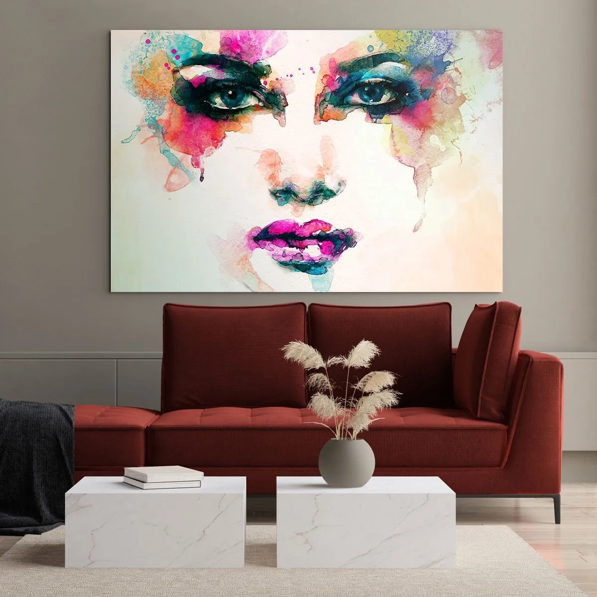 Quadro su vetro - Ritratto di una donna con colori e dettagli acquerellati - 70x50cm - Un ritratto dipinto dall'arcobaleno - Decorazione murale moderna per soggiorno e camera da letto ARTTOR