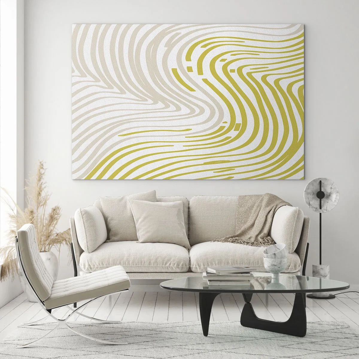 Quadro su vetro - Linee organiche nei toni del beige e del lime su sfondo bianco - 70x50cm - Composizione con lieve deflessione - Decorazione murale moderna per soggiorno e camera da letto ARTTOR