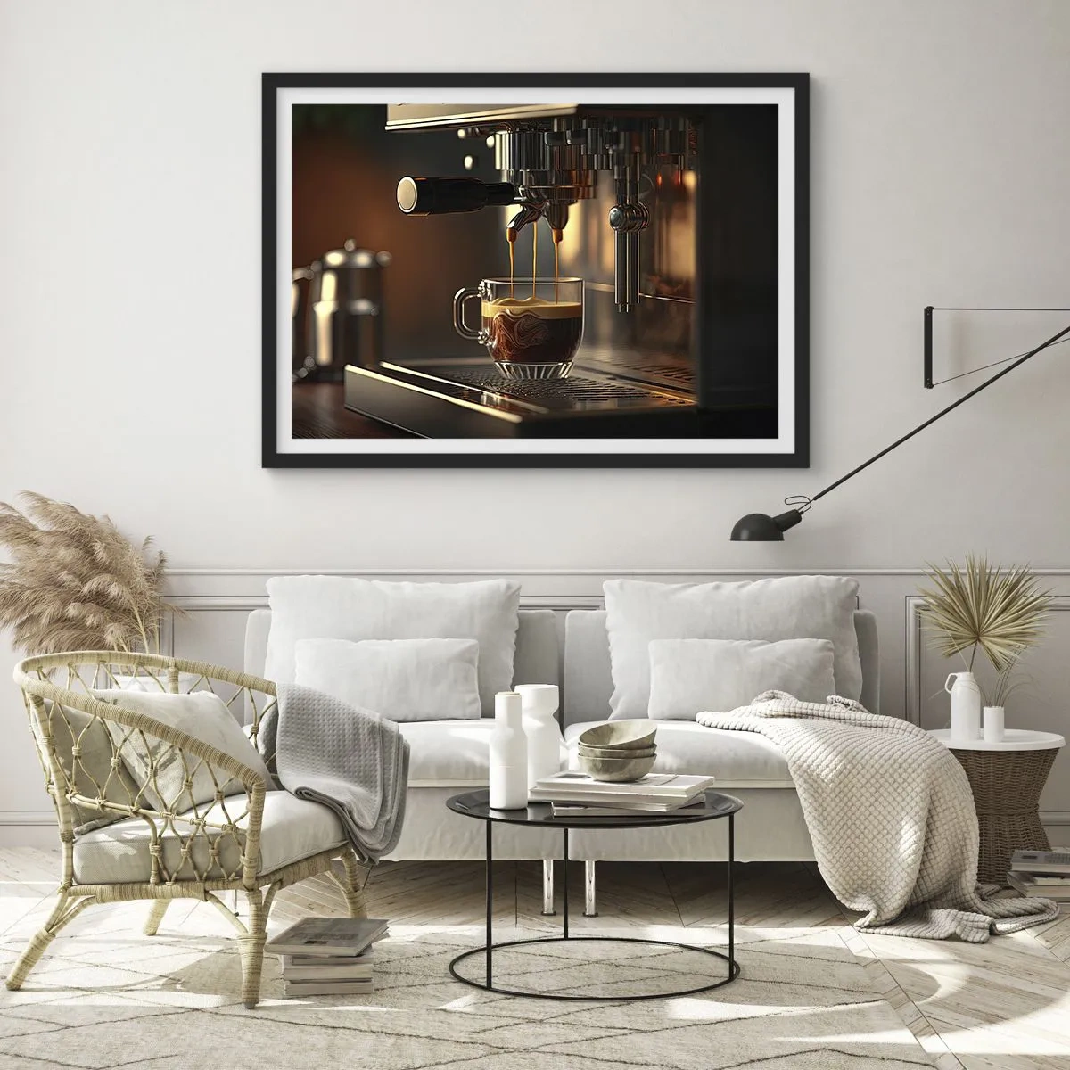 Poster in cornice nera - Macchina da caffè con una tazza di espresso aromatico - 70x50cm - Miscela sensuale - Decorazione murale moderna per soggiorno e camera da letto ARTTOR