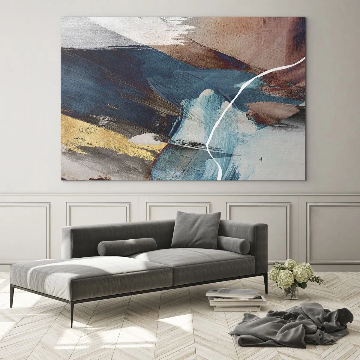 Quadro su vetro - Una composizione astratta in turchese, oro e marrone. - 70x50cm - Con forza ed energia - Decorazione murale moderna per soggiorno e camera da letto ARTTOR