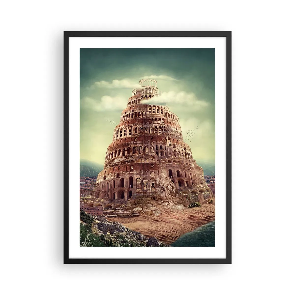 Poster in cornice nera - La mitica Torre di Babele in un paesaggio pittoresco - 50x70cm - La torre di Babele - Decorazione murale moderna per soggiorno e camera da letto ARTTOR
