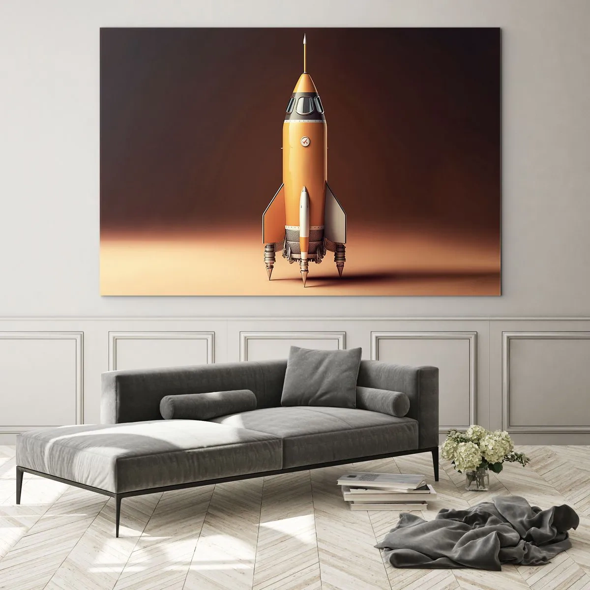 Quadro su vetro - Un razzo arancione su uno sfondo di luce soffusa - 70x50cm - Si inizia dai sogni - Decorazione murale moderna per soggiorno e camera da letto ARTTOR