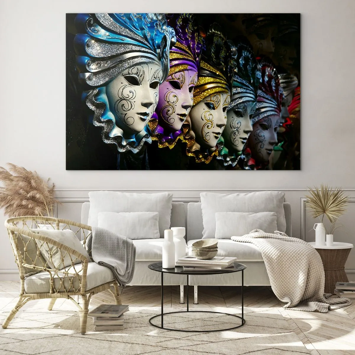 Quadro su vetro - Maschere veneziane colorate in fila - 70x50cm - Mistero in oro e argento - Decorazione murale moderna per soggiorno e camera da letto ARTTOR